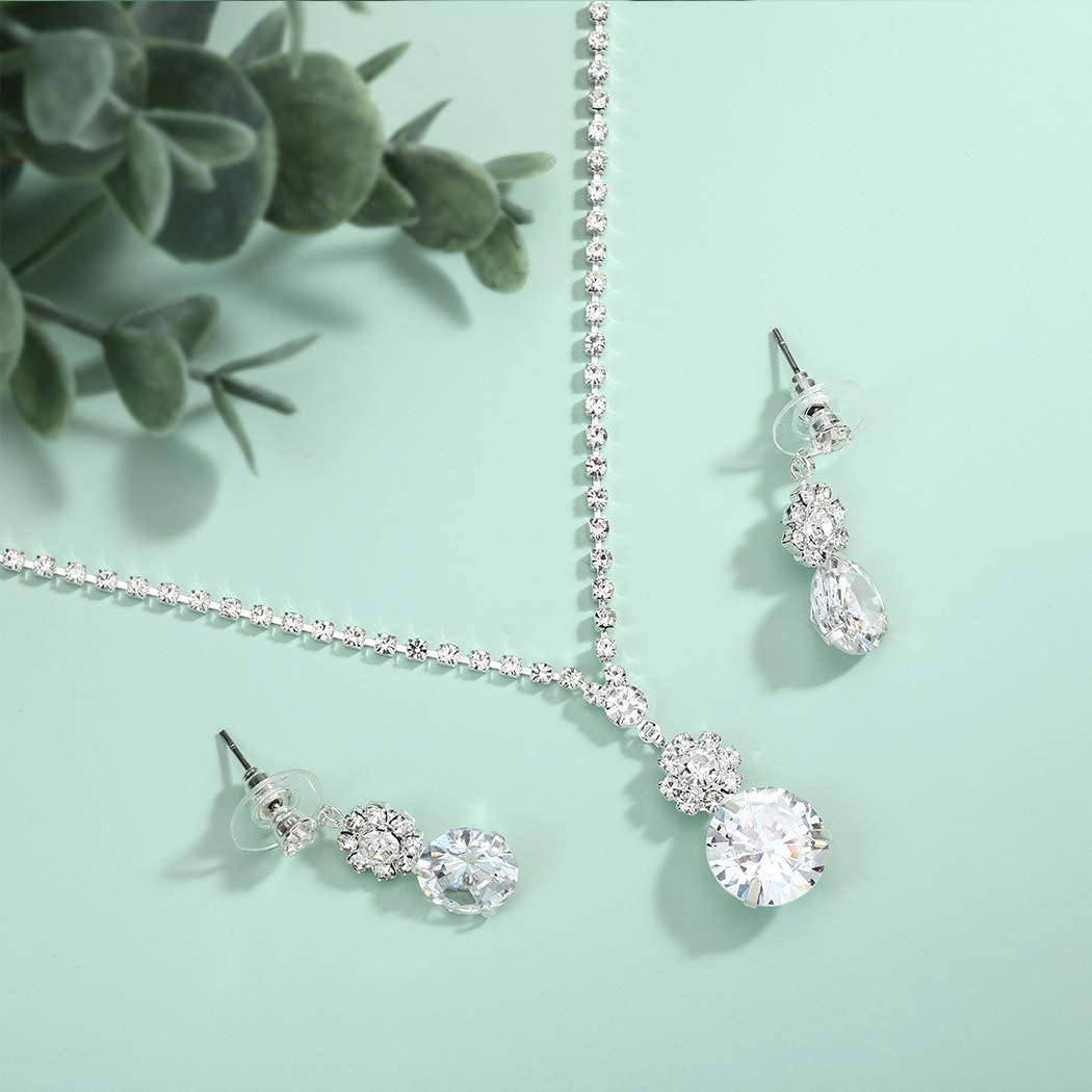 Aukmla Bride Wedding Necklace Earrings Set Silver Rhinestones Necklaces Bridal Crystal Jewelry Accessories for Women and Girls (Set of 3) - Image 5